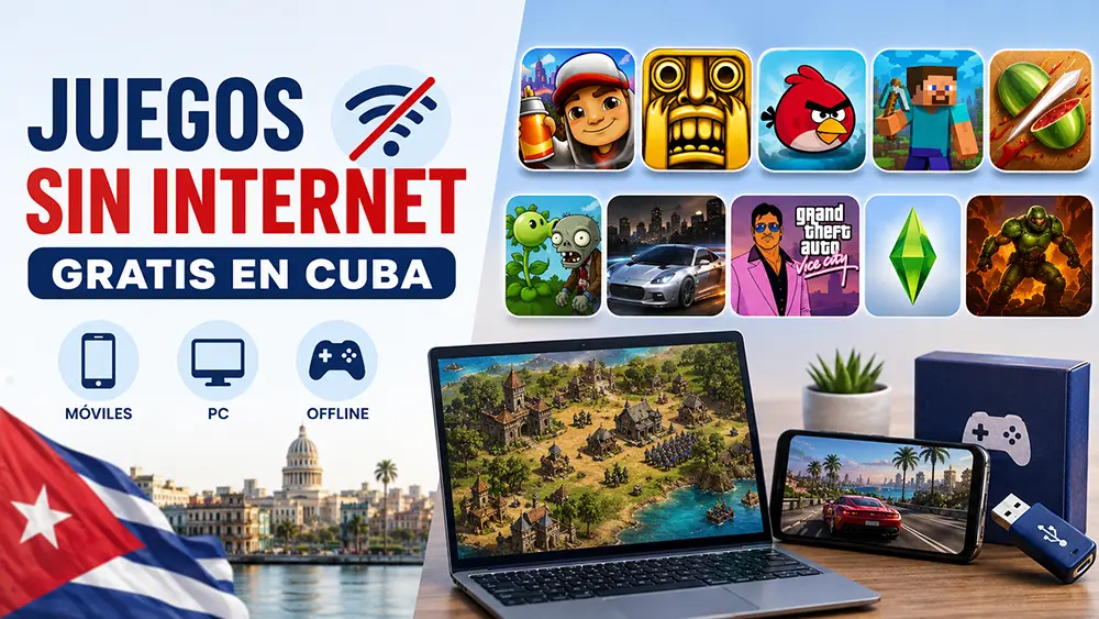 Imagen promocional sobre juegos gratis para instalar y jugar sin internet en Cuba, con móviles, PC, íconos de videojuegos offline y elementos visuales cubanos.