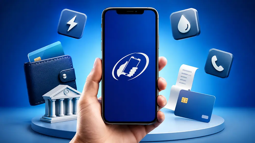 Imagen visual de un celular con interfaz de pago móvil, tarjetas bancarias e íconos de servicios, representando la descarga y uso seguro de la APK Transfermóvil en Cuba.