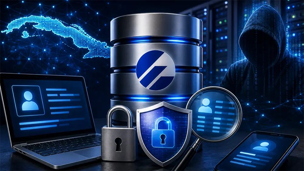 Ilustración de ciberseguridad con servidor de datos, candado, escudo digital, laptop y teléfono, representando la protección de información relacionada con ETECSA en Cuba.