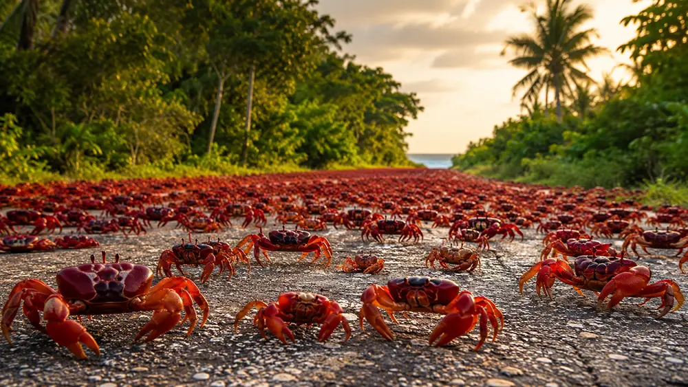 Cangrejos rojos migrando sobre una carretera tropical en Cuba durante su camino hacia el mar.