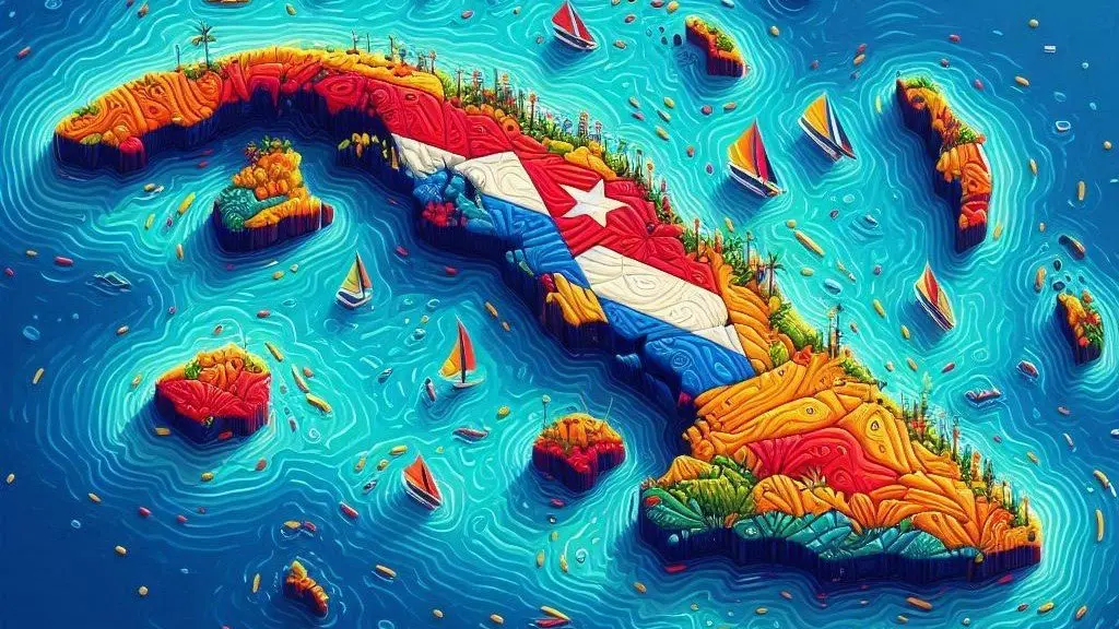 Ilustración colorida de Cuba como archipiélago, con el mapa de la isla principal y sus cayos rodeados por aguas turquesas del Caribe.