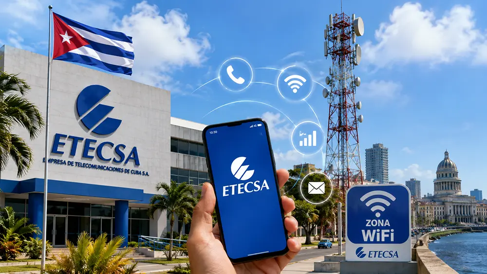 Imagen visual sobre ETECSA, empresa estatal de telecomunicaciones en Cuba, con edificio corporativo, antena de comunicación, teléfono móvil, bandera cubana y señales de conectividad digital.