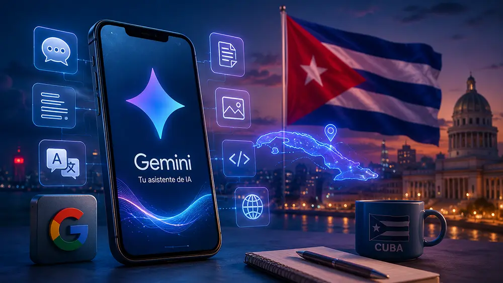 Imagen futurista de Google Gemini en un teléfono con elementos de inteligencia artificial y símbolos de Cuba