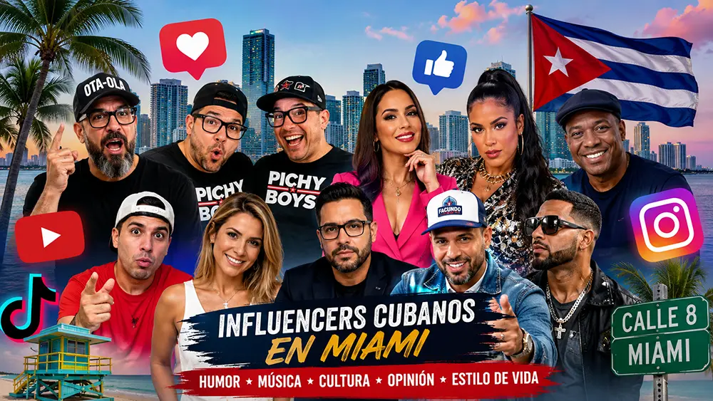 Imagen visual sobre influencers cubanos en Miami, con creadores de contenido frente al skyline de la ciudad, bandera de Cuba, ambiente tropical y elementos de redes sociales.