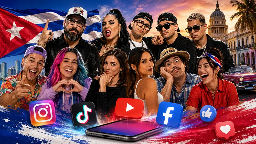 Imagen de portada sobre influencers cubanos en redes sociales, con creadores de contenido, bandera de Cuba, elementos de Miami y La Habana, e íconos de Instagram, TikTok, YouTube y Facebook.