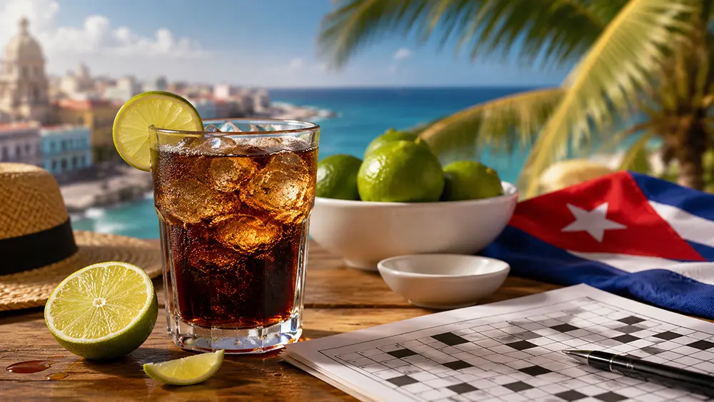 Cóctel Cuba Libre con lima, crucigrama y bandera cubana sobre una mesa tropical con vista al mar, representando la pista de crucigrama sobre ingredientes como ron, cola y lima.