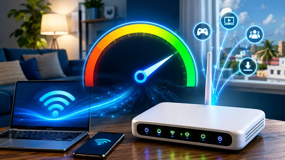 Alt text: Módem WiFi en una casa con señal de internet y medidor de velocidad digital, representando consejos para mejorar la conexión Nauta Hogar en Cuba.