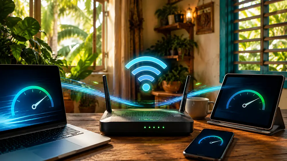 Router Wi-Fi en una casa cubana con dispositivos conectados y señales digitales de velocidad de internet