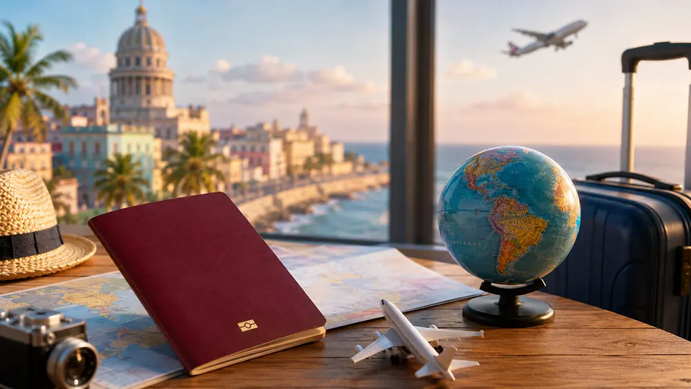 Pasaporte sobre mapa de viaje con maleta, globo terráqueo y avión al fondo, representando los países sin visa para cubanos en 2026.