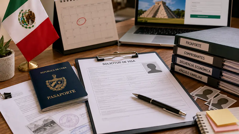 Pasaporte cubano, documentos de solicitud de visa, calendario de cita y bandera de México sobre un escritorio, representando los requisitos para solicitar visa mexicana desde Cuba.