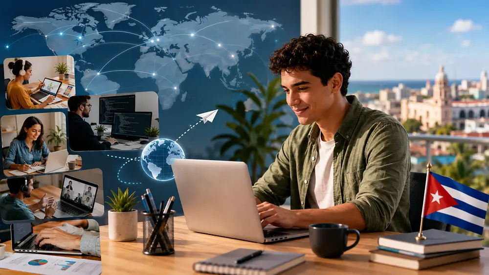 Joven cubano trabajando como freelancer desde una laptop con fondo de ciudad, mapa global y conexiones digitales que representan el trabajo remoto internacional.