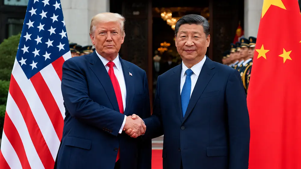 Trump y Xi Jinping durante una reunión diplomática en China, con banderas de Estados Unidos y China en el fondo, en medio de tensiones por Irán, el petróleo y el comercio global.