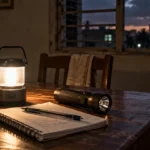 Linterna y lámpara recargable junto a una libreta en una mesa al anochecer.