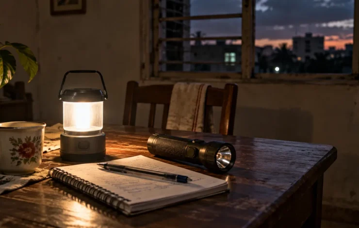 Linterna y lámpara recargable junto a una libreta en una mesa al anochecer.