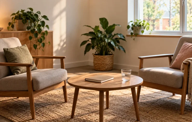 Dos asientos y una mesa con una libreta en una sala tranquila para conversar.