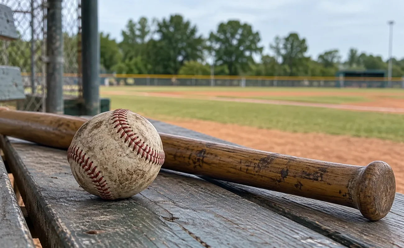 Pelota y bate sobre un banco junto a un terreno de béisbol.