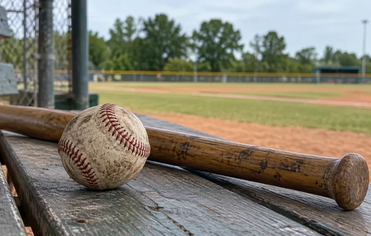Pelota y bate sobre un banco junto a un terreno de béisbol.