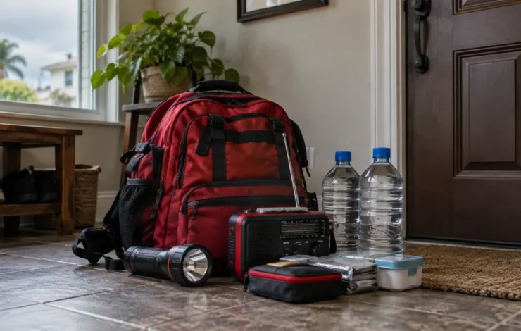 Mochila de emergencia, radio, linterna y botellas de agua junto a una puerta.