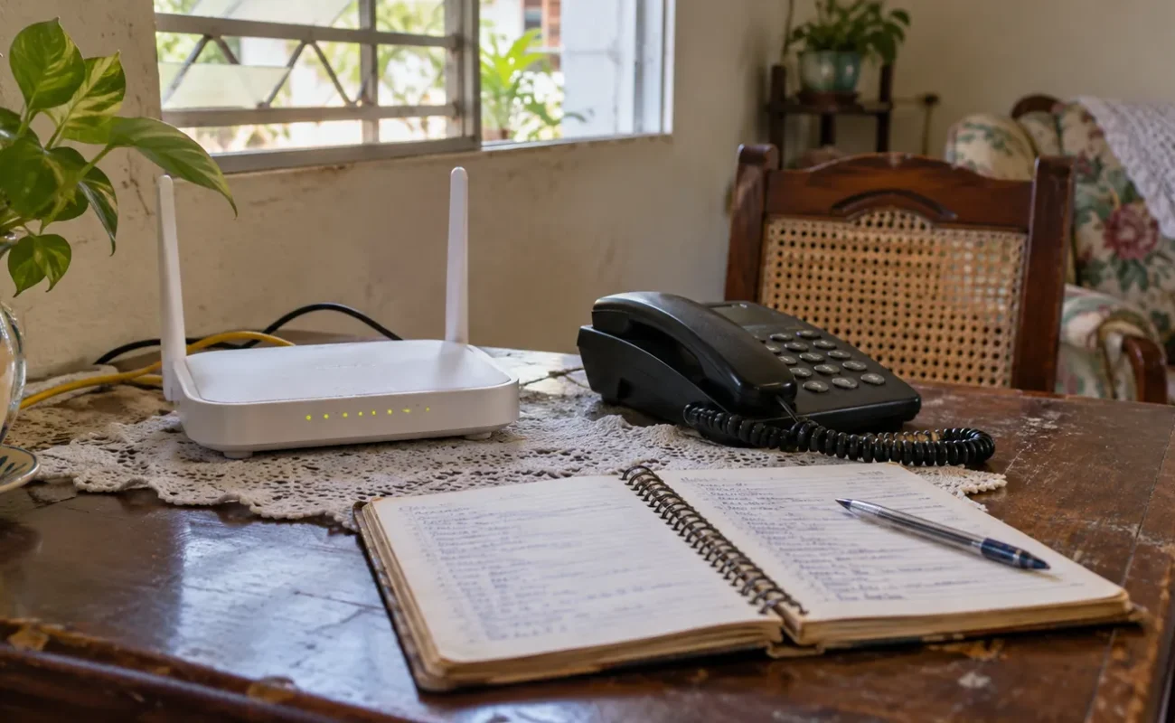 Router, teléfono fijo y libreta de contactos en una mesa de casa.