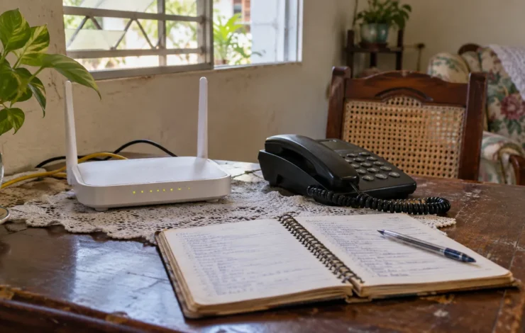 Router, teléfono fijo y libreta de contactos en una mesa de casa.