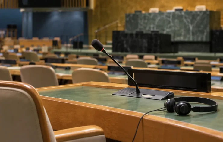 Micrófono y auriculares de interpretación en una mesa de una sala de asambleas vacía.