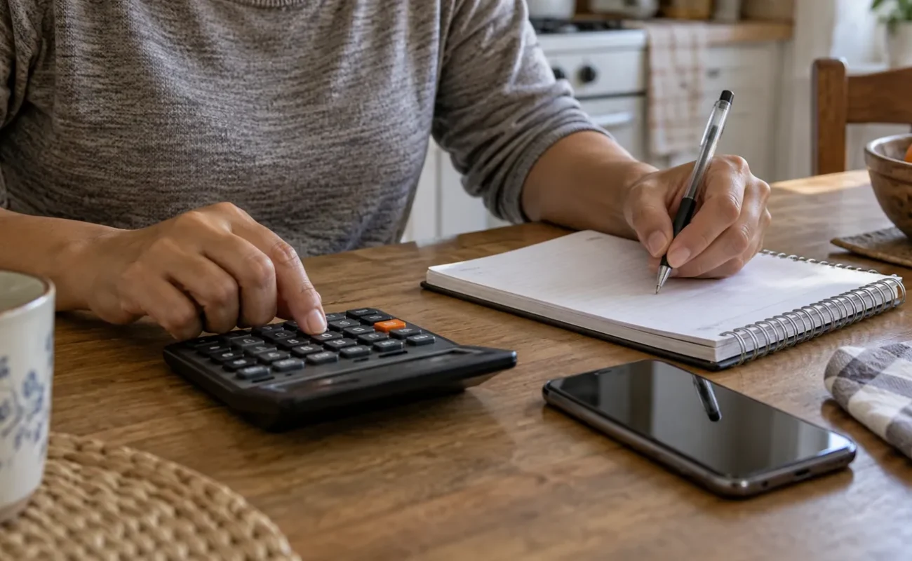 Manos comparando cifras con una calculadora, una libreta y un teléfono.