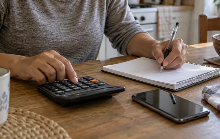 Manos comparando cifras con una calculadora, una libreta y un teléfono.