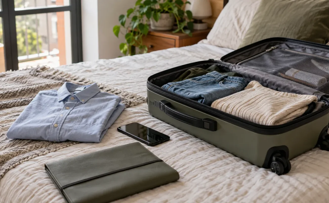 Maleta abierta, ropa doblada y teléfono durante los preparativos de un viaje.