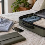 Maleta abierta, ropa doblada y teléfono durante los preparativos de un viaje.