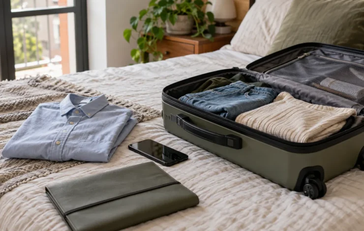 Maleta abierta, ropa doblada y teléfono durante los preparativos de un viaje.