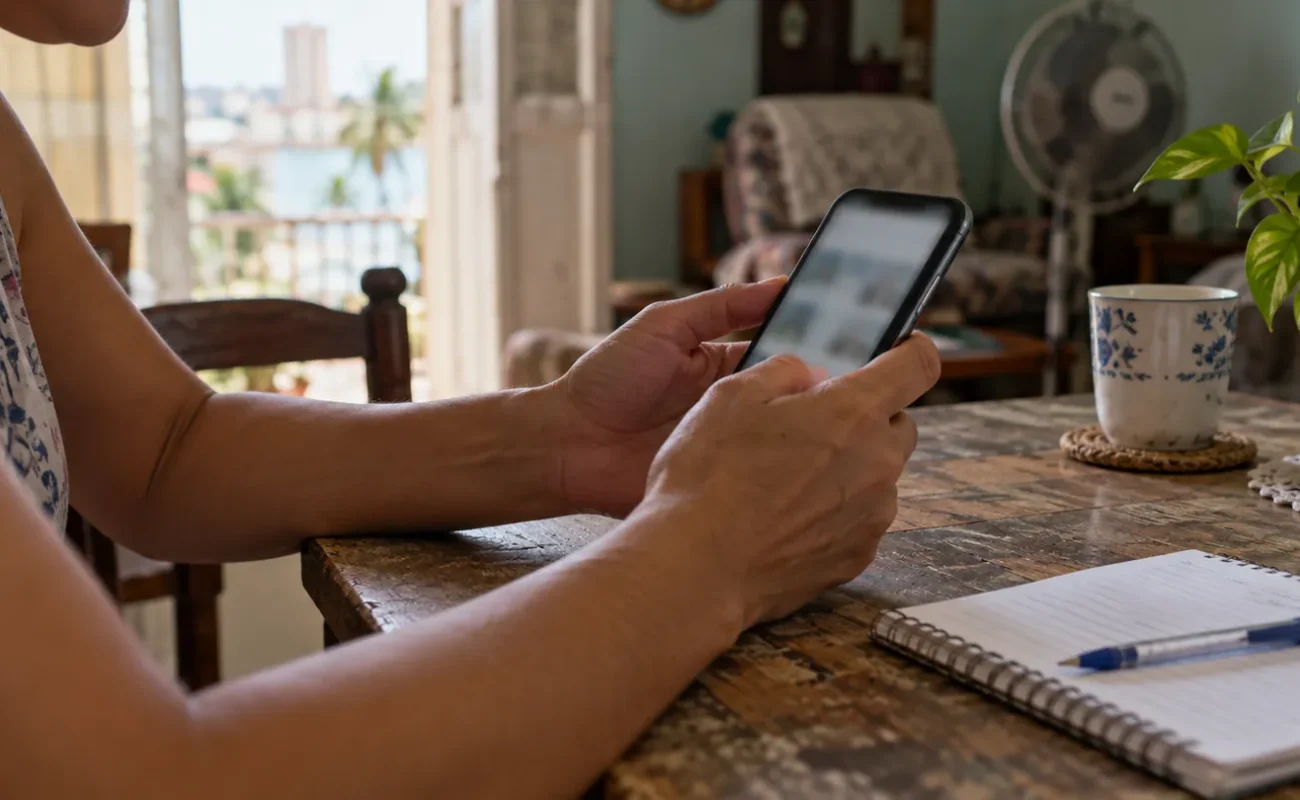 Manos sosteniendo un teléfono junto a una libreta sobre una mesa de casa.