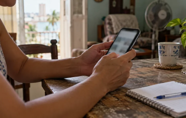 Manos sosteniendo un teléfono junto a una libreta sobre una mesa de casa.